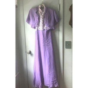 Vintage Halter Maxi Dress Floral Eyelet Bodice Crepe Purple with Jacket Boho